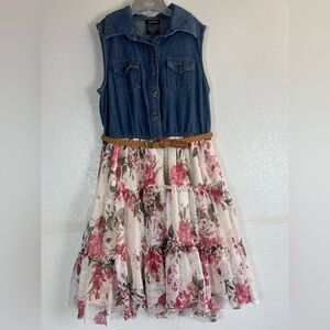 Zunie Girls Denim & Floral Lace Tiered Dress with Belt | Size 7/8